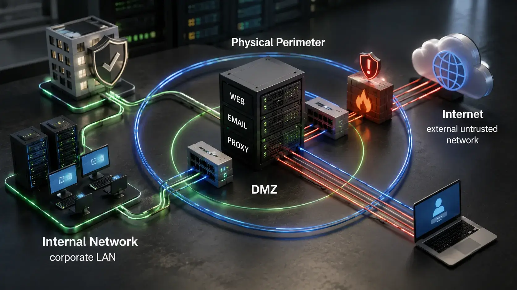 DMZ network architecture protecting internal business systems from external internet traffic